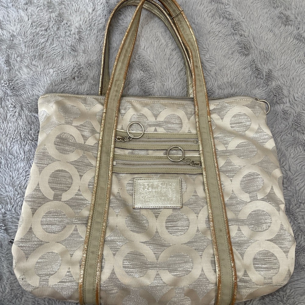 Coach Beige and Gold Signature Shoulder Bag
